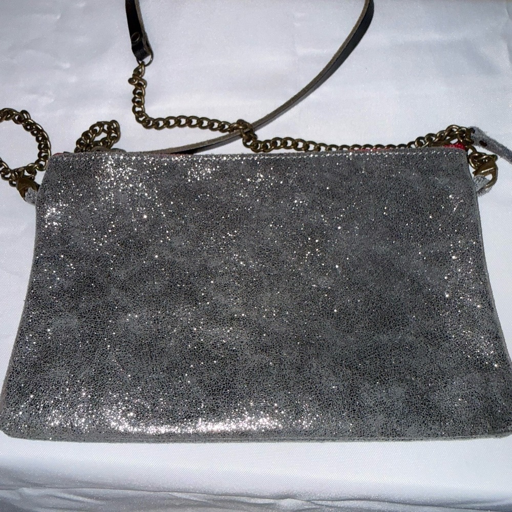 Rue De Bretagne Paris Gray Silver Metallic Leather Crossbody Bag Purse - Picture 3 of 12